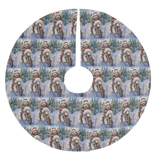 Bernedoodle Dog Riding Motorrad Weihnachten Polyester Weihnachtsbaumdecke (Vorderseite)