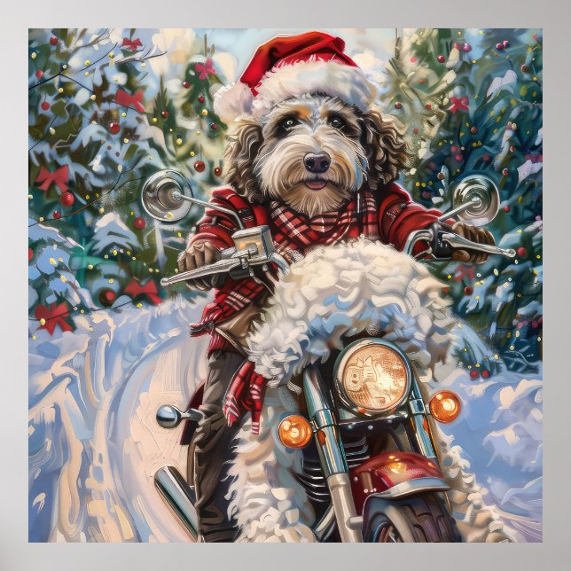 Bernedoodle Dog Riding Motorrad Weihnachten Poster (Vorne)