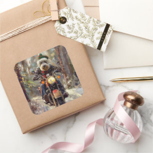 Bernedoodle Dog Riding Motorrad Weihnachten Quadratischer Aufkleber