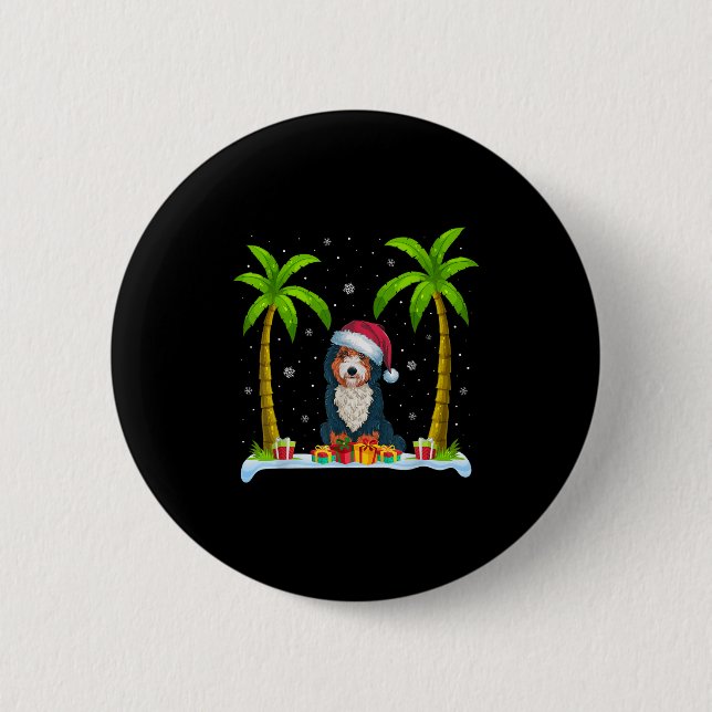 Bernedoodle Dog Weihnachtsmannmütze Palm Tree Beac Button (Vorderseite)