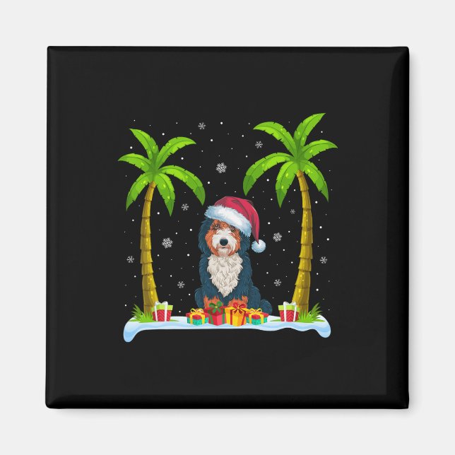 Bernedoodle Dog Weihnachtsmannmütze Palm Tree Beac Magnet (Vorne)