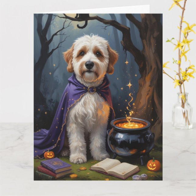 Bernedoodle Dog Whimsical Halloween Malerei Karte (Gelbe Blume)