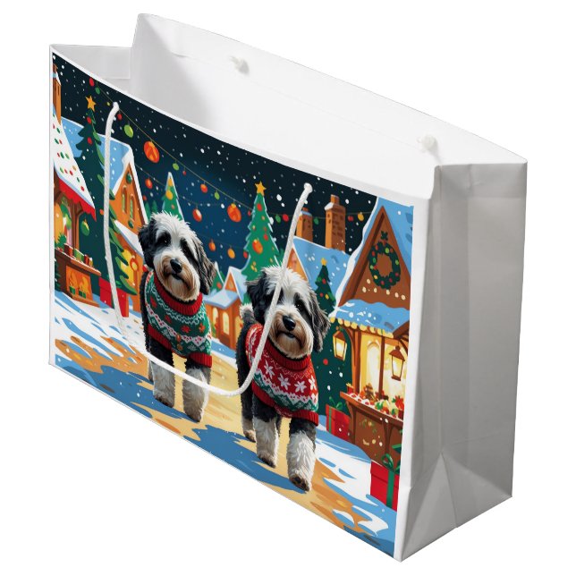Bernedoodle Dogs Christmas Snow Holiday Große Geschenktüte (Vorderseite Schrägansicht)