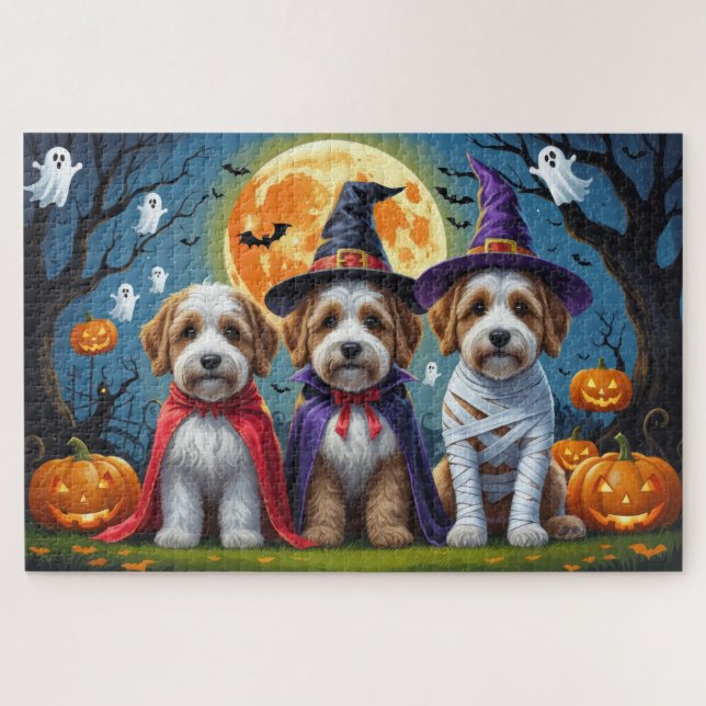 Bernedoodle Dogs Pumpkin Halloween Funny Puzzle (Horizontal)