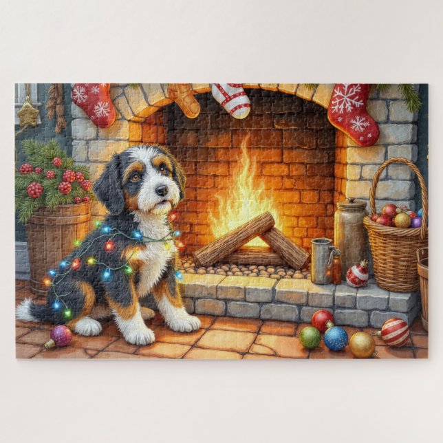 Bernedoodle Fireplace with Christmas Lights Puzzle (Horizontal)