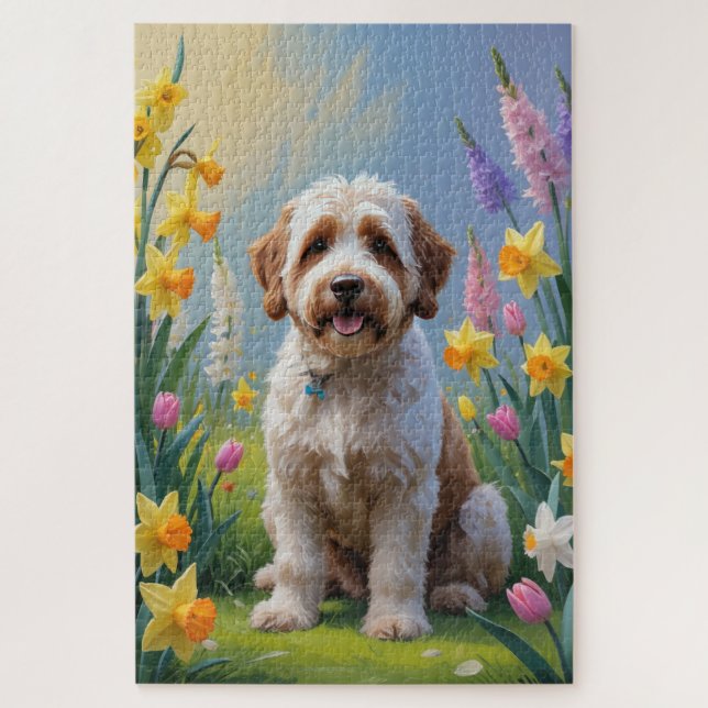 Bernedoodle Frühlingsblumen Malerei Puzzle (Vertikal)