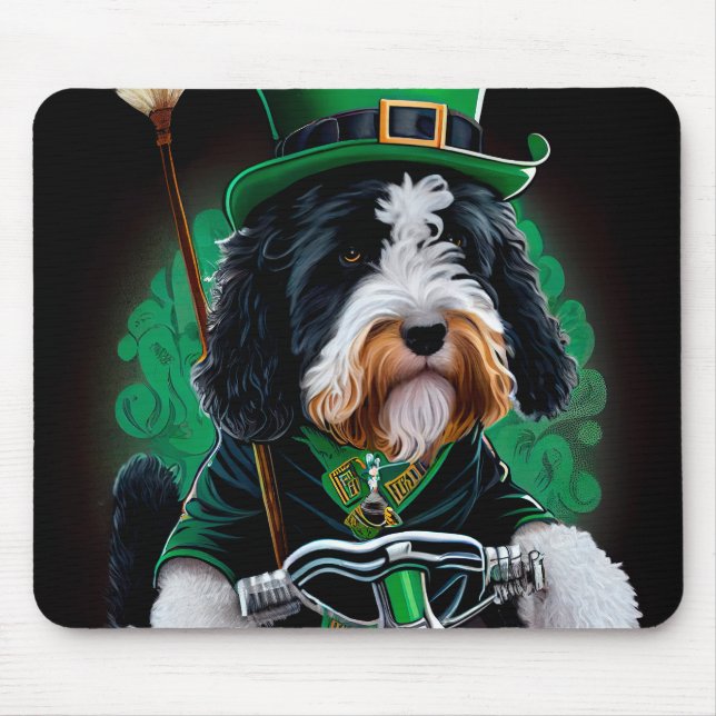 Bernedoodle Hund Fahrrad St. Patrick's Day Mousepad (Vorne)