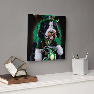 Bernedoodle Hund Fahrrad St. Patrick's Day Quadratische Wanduhr