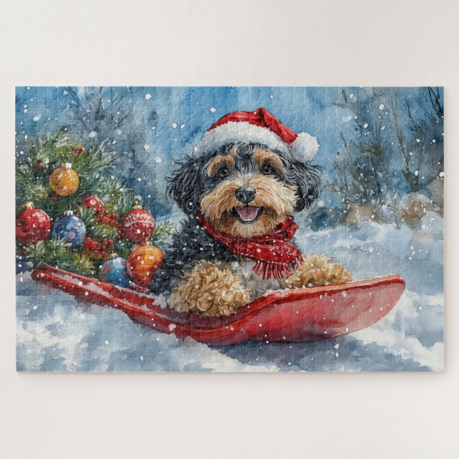 Bernedoodle Hund in Sledge Let it Schnee Weihnacht Puzzle (Horizontal)