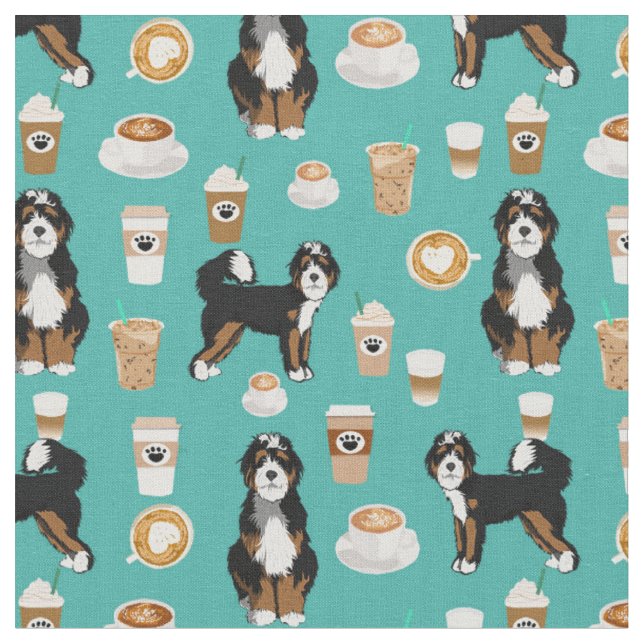 Bernedoodle Hund Kaffeeliebhaber Türkis Stoff (Nahaufnahme)