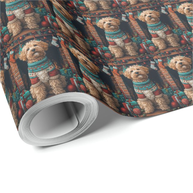 Bernedoodle Hund mit Weihnachtsgeschenken Feuerpla Geschenkpapier (Rolleneckpunkt)