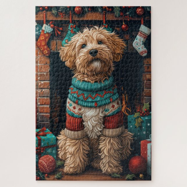 Bernedoodle Hund mit Weihnachtsgeschenken Feuerpla Puzzle (Vertikal)