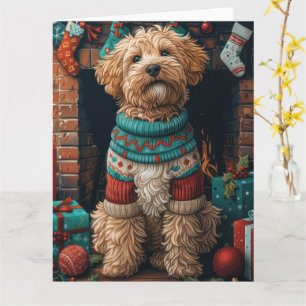 Bernedoodle-Hund mit Weihnachtsgeschenken Kamin Karte