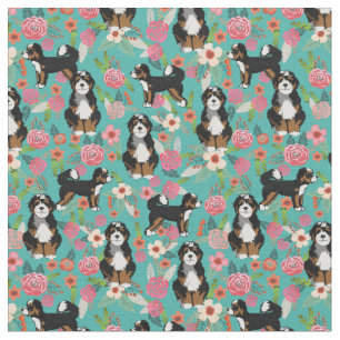 Bernedoodle Hund Vintage Blüten Türkis Stoff