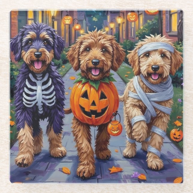 Bernedoodle Hunde Trick-or-Treating in Halloween C Glasuntersetzer (Vorderseite)
