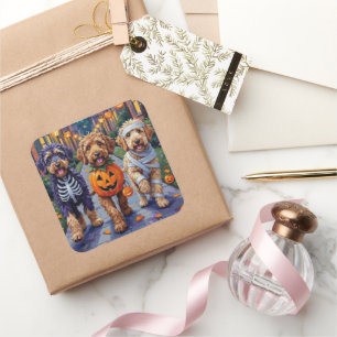 Bernedoodle Hunde Trick-or-Treating in Halloween C Quadratischer Aufkleber