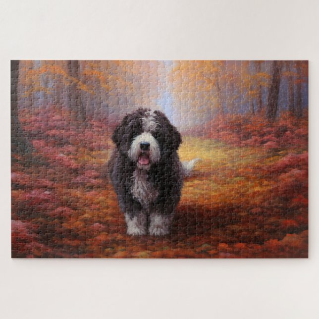 Bernedoodle im Herbst Leaves Fall Inspiriert Puzzle (Horizontal)