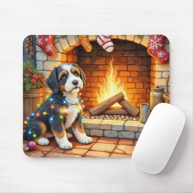 Bernedoodle Kamin mit Weihnachtslichtern Mousepad (Mit Mouse)