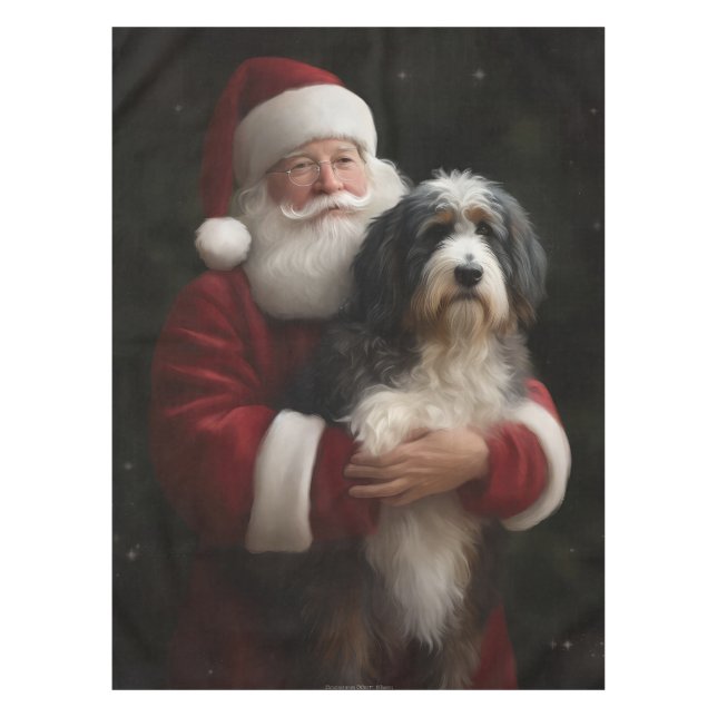 Bernedoodle mit dem Weihnachtsmann Weihnachten Tischdecke (Vorderseite)