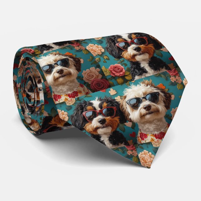 Bernedoodle mit Herz-Rose Valentinstag Krawatte (Gerollt)