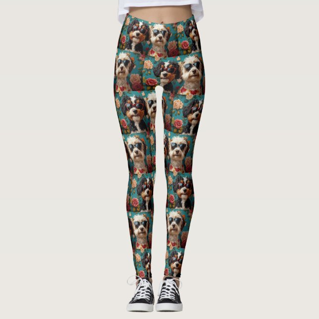 Bernedoodle mit Herz-Rose Valentinstag Leggings (Vorderseite)