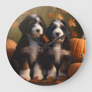 Bernedoodle Puppy Autumn Delight Pumpen Große Wanduhr