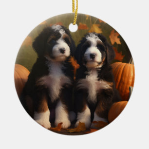 Bernedoodle Puppy Autumn Delight Pumpen Keramik Ornament