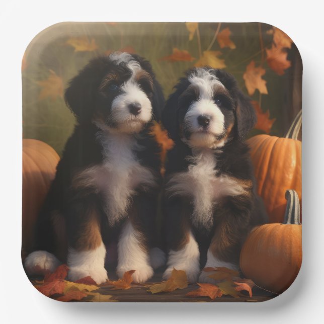 Bernedoodle Puppy Autumn Delight Pumpen Pappteller (Vorderseite)