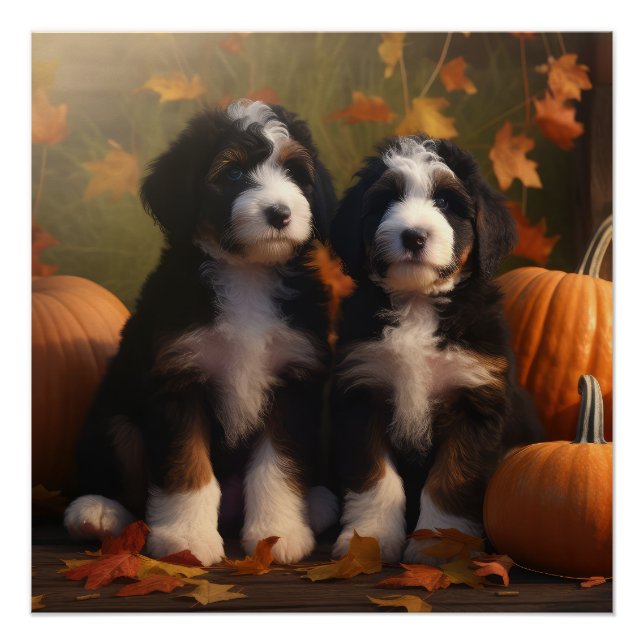 Bernedoodle Puppy Autumn Delight Pumpen Poster (Vorderseite)