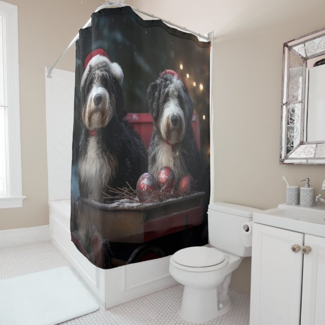 Bernedoodle Snowy Sleigh Weihnachtsdekor Duschvorhang (Beispiel)