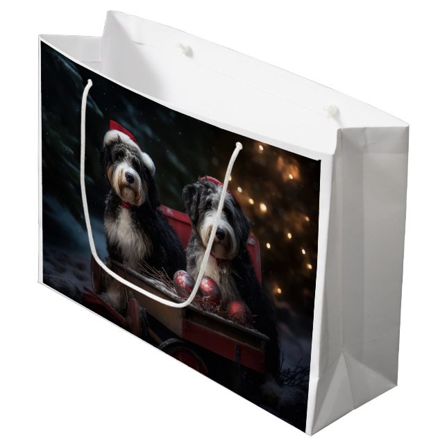 Bernedoodle Snowy Sleigh Weihnachtsdekor Große Geschenktüte (Vorderseite Schrägansicht)