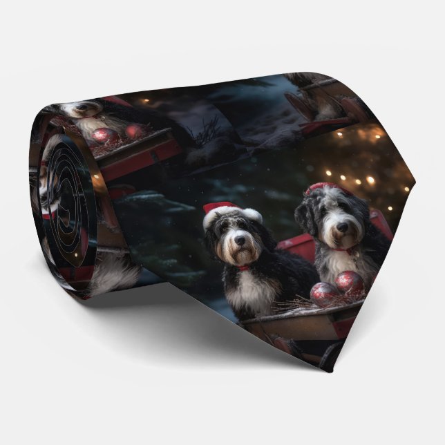 Bernedoodle Snowy Sleigh Weihnachtsdekor Krawatte (Gerollt)