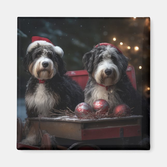 Bernedoodle Snowy Sleigh Weihnachtsdekor Magnet (Vorne)