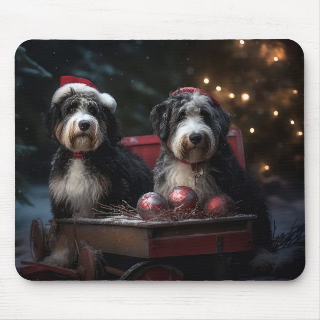 Bernedoodle Snowy Sleigh Weihnachtsdekor Mousepad (Vorne)