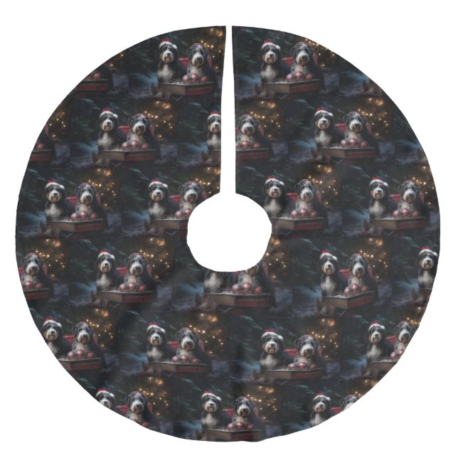 Bernedoodle Snowy Sleigh Weihnachtsdekor Polyester Weihnachtsbaumdecke (Vorderseite)