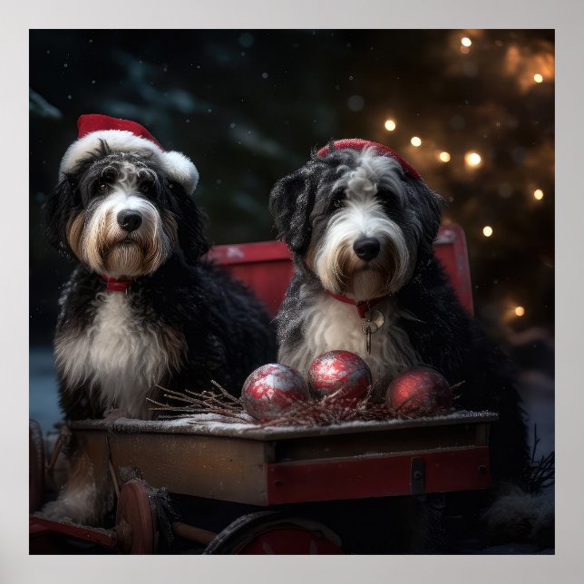 Bernedoodle Snowy Sleigh Weihnachtsdekor Poster (Vorne)