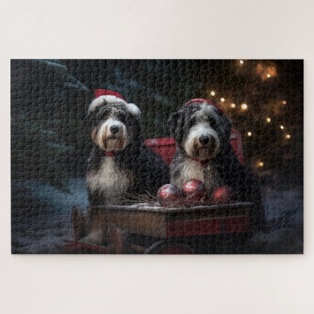 Bernedoodle Snowy Sleigh Weihnachtsdekor Puzzle (Horizontal)