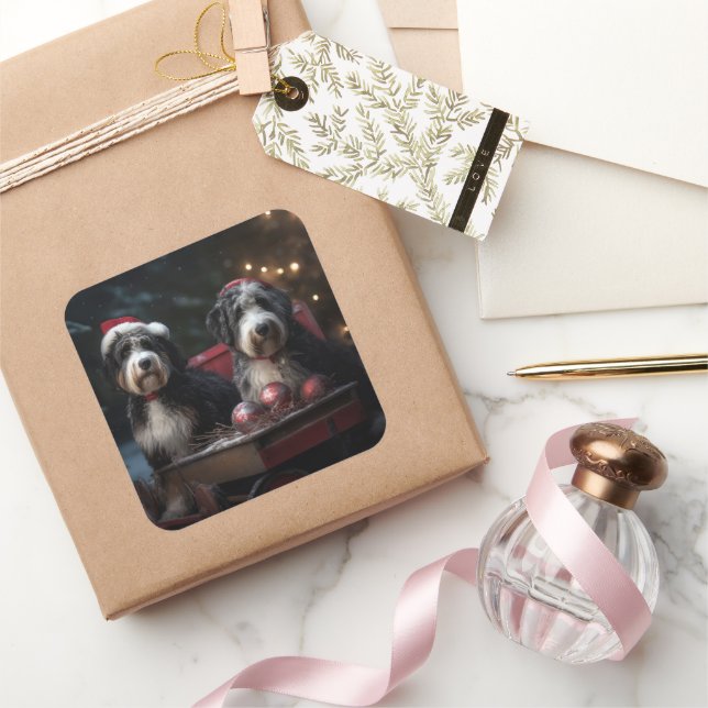Bernedoodle Snowy Sleigh Weihnachtsdekor Quadratischer Aufkleber (Schenken)
