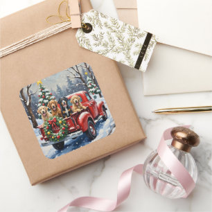 Bernedoodle Weihnachten Rotes Lastwagen Ferien Quadratischer Aufkleber