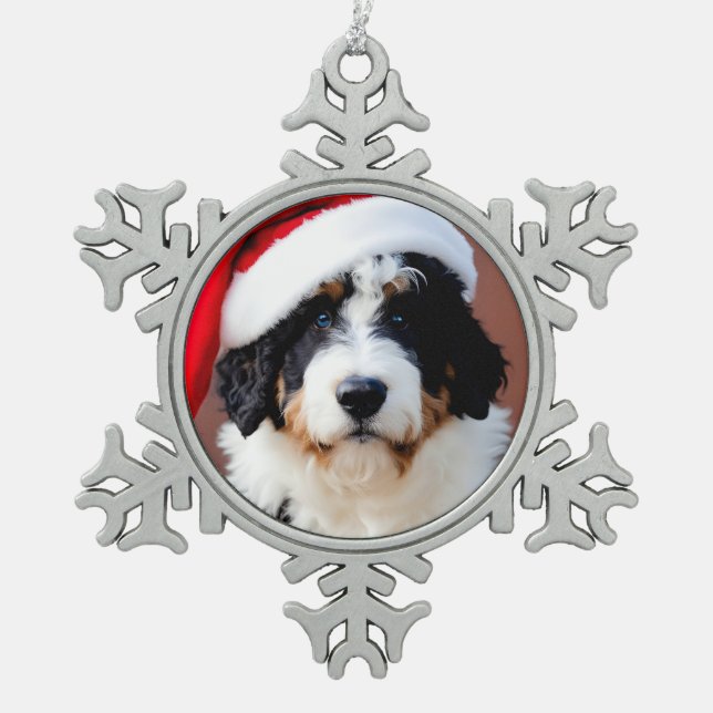 Bernedoodle Weihnachten Schneeflocken Zinn-Ornament (Vorderseite)