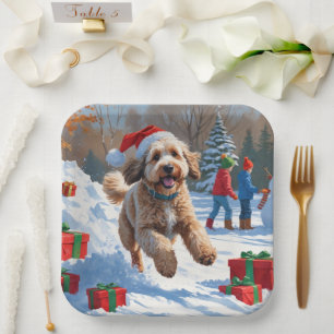 Bernedoodle Weihnachtsfest Schnee Szene Pappteller