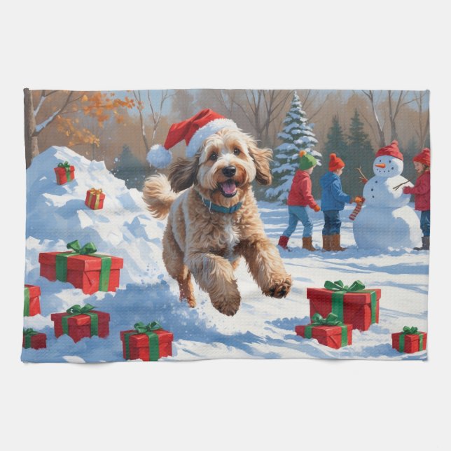 Bernedoodle Weihnachtsfest Schneeszene Geschirrtuch (Horizontal)