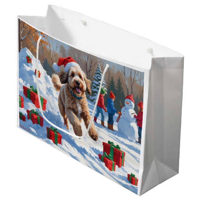 Bernedoodle Weihnachtsfest Schneeszene Große Geschenktüte (Vorderseite Schrägansicht)