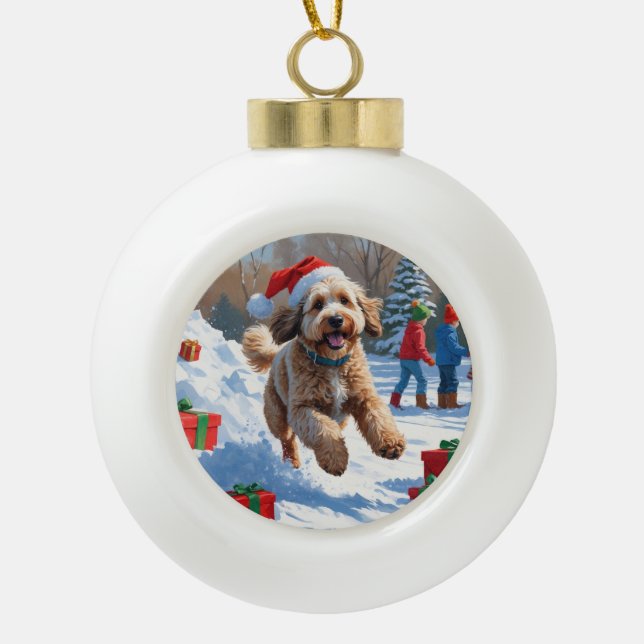Bernedoodle Weihnachtsfest Schneeszene Keramik Kugel-Ornament (Vorderseite)