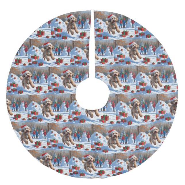 Bernedoodle Weihnachtsfest Schneeszene Polyester Weihnachtsbaumdecke (Vorderseite)