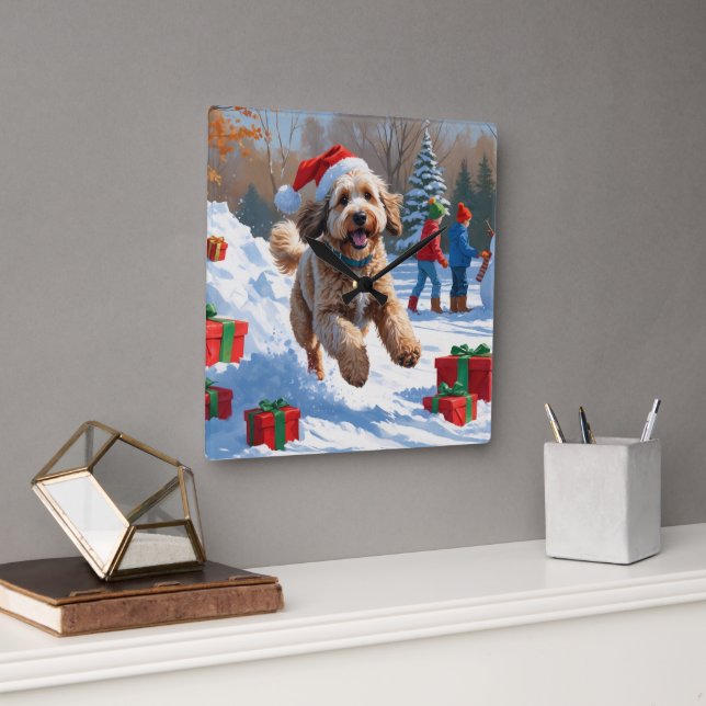 Bernedoodle Weihnachtsfest Schneeszene Quadratische Wanduhr (Büro)