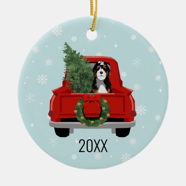 Bernedoodle-Weihnachtshundwagen Keramik Ornament (Vorne)