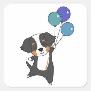 Berner Hund fliegt mit Balloons süß Quadratischer Aufkleber