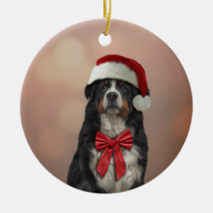 Berner Hund in rotem Hut des Weihnachtsmannes Keramik Ornament
