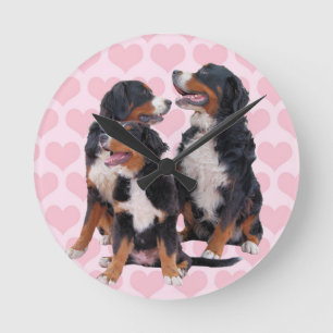Berner Hunde mit rosa Herzen Runde Wanduhr